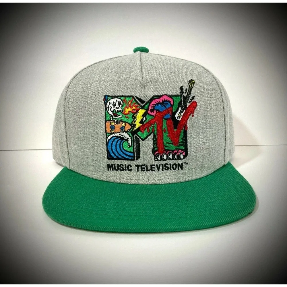 New MTV SNAPBACK HAT heather gray green flat bill retro 90s tv music Unisex